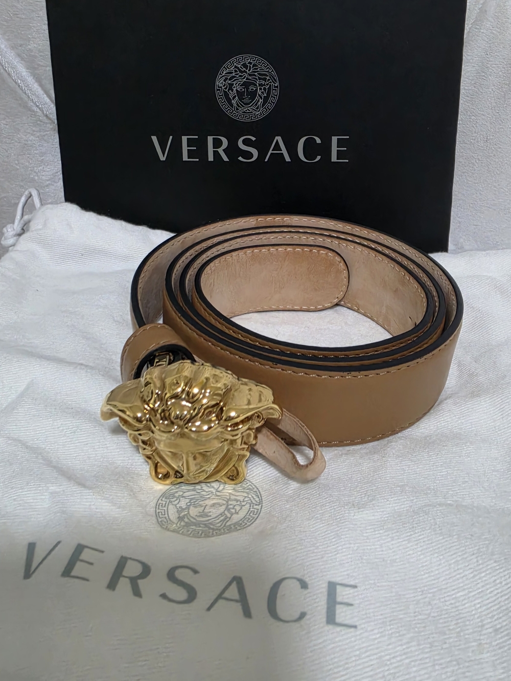Versace Women’s Tan Leather Belt with Gold Medusa Buckle
